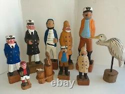 10 Vintage Hand Carved Wooden Fishermen Captain Sailor Nautical Figures Folk Art