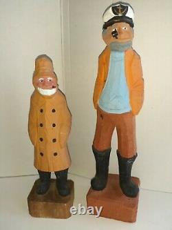 10 Vintage Hand Carved Wooden Fishermen Captain Sailor Nautical Figures Folk Art