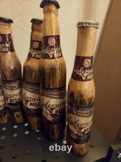 11 Handmade Wood Carved 2008 Lakemaid Beer Bottle Lot Rustic Folk Art Cabin