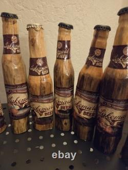 11 Handmade Wood Carved 2008 Lakemaid Beer Bottle Lot Rustic Folk Art Cabin