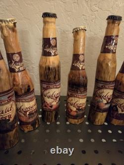 11 Handmade Wood Carved 2008 Lakemaid Beer Bottle Lot Rustic Folk Art Cabin