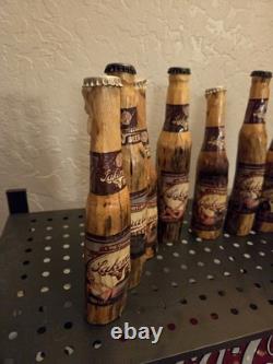 11 Handmade Wood Carved 2008 Lakemaid Beer Bottle Lot Rustic Folk Art Cabin