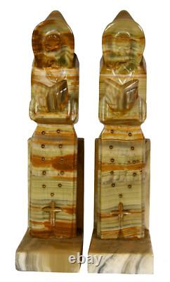 11 Retro Hand Carved Onyx Monks Pair Bookends Religious Folk Art Handmade Stone