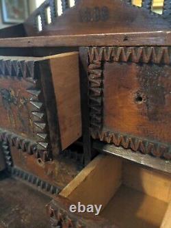 1889 Tramp Folk Art Dresser Box Antique Chip Carved Wood & Litho