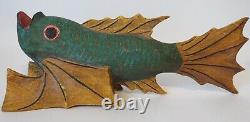 18 Green Wooden Lucky Dragon Fish Hand Carved Folk Art Arowana Fin Asian Signed
