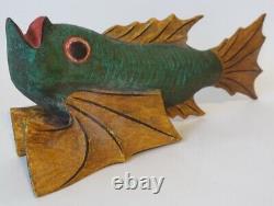 18 Green Wooden Lucky Dragon Fish Hand Carved Folk Art Arowana Fin Asian Signed