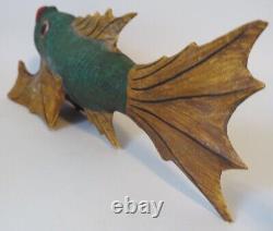 18 Green Wooden Lucky Dragon Fish Hand Carved Folk Art Arowana Fin Asian Signed