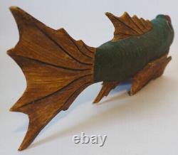 18 Green Wooden Lucky Dragon Fish Hand Carved Folk Art Arowana Fin Asian Signed