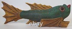 18 Green Wooden Lucky Dragon Fish Hand Carved Folk Art Arowana Fin Asian Signed