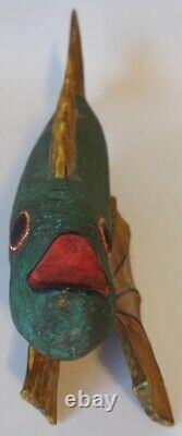 18 Green Wooden Lucky Dragon Fish Hand Carved Folk Art Arowana Fin Asian Signed