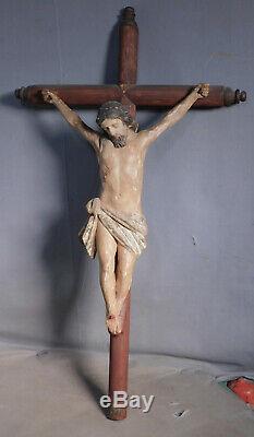 18th Century Carved Polychrome Wood Santo Corpus Jesus Christ Crucifix Folk Art