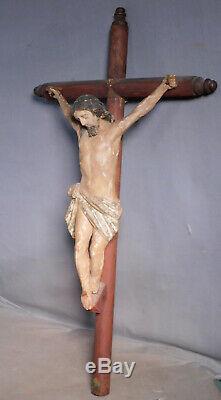 18th Century Carved Polychrome Wood Santo Corpus Jesus Christ Crucifix Folk Art