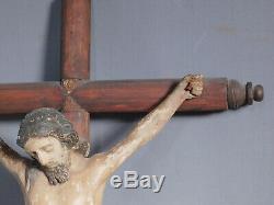 18th Century Carved Polychrome Wood Santo Corpus Jesus Christ Crucifix Folk Art