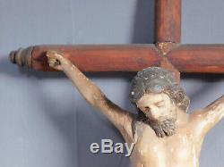 18th Century Carved Polychrome Wood Santo Corpus Jesus Christ Crucifix Folk Art