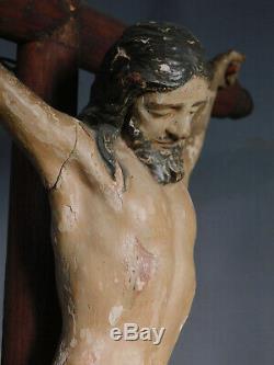 18th Century Carved Polychrome Wood Santo Corpus Jesus Christ Crucifix Folk Art