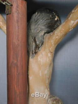 18th Century Carved Polychrome Wood Santo Corpus Jesus Christ Crucifix Folk Art