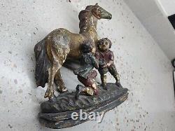 18th Century Folk Art Carved Sculpture Two Men Shoeing a Horse