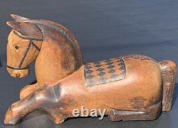 1930's Folk Art Carved Horse Wood Sliding Box. Solid Walnut