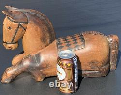 1930's Folk Art Carved Horse Wood Sliding Box. Solid Walnut