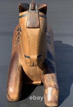1930's Folk Art Carved Horse Wood Sliding Box. Solid Walnut