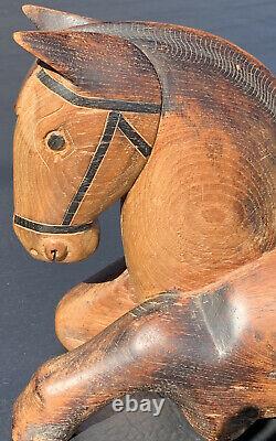 1930's Folk Art Carved Horse Wood Sliding Box. Solid Walnut