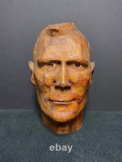1930's Large Folk Art Hand Carved Wooden Bust of Man