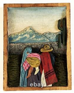 1930s 40s MEXICAN FOLK ART CARVED RELIEF WOOD CAMPESINO FAMILY WALL PLAQUE PANEL