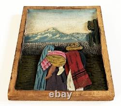 1930s 40s MEXICAN FOLK ART CARVED RELIEF WOOD CAMPESINO FAMILY WALL PLAQUE PANEL