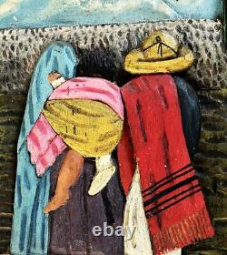 1930s 40s MEXICAN FOLK ART CARVED RELIEF WOOD CAMPESINO FAMILY WALL PLAQUE PANEL