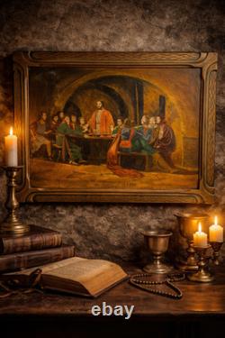 1932 Signed Pulaski Last Supper Oil Painting Vintage Religious Folk Art Carved