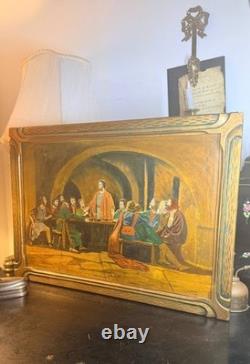 1932 Signed Pulaski Last Supper Oil Painting Vintage Religious Folk Art Carved