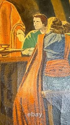 1932 Signed Pulaski Last Supper Oil Painting Vintage Religious Folk Art Carved
