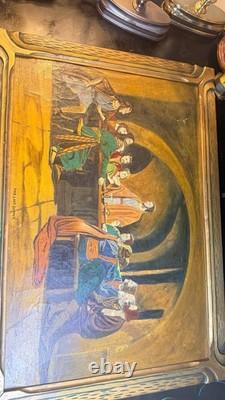 1932 Signed Pulaski Last Supper Oil Painting Vintage Religious Folk Art Carved