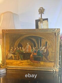 1932 Signed Pulaski Last Supper Oil Painting Vintage Religious Folk Art Carved