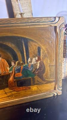 1932 Signed Pulaski Last Supper Oil Painting Vintage Religious Folk Art Carved