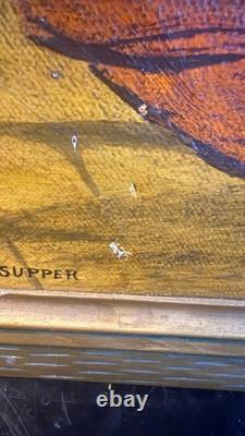 1932 Signed Pulaski Last Supper Oil Painting Vintage Religious Folk Art Carved