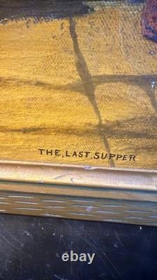 1932 Signed Pulaski Last Supper Oil Painting Vintage Religious Folk Art Carved