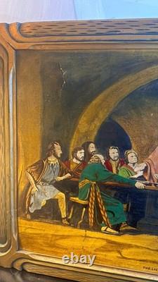 1932 Signed Pulaski Last Supper Oil Painting Vintage Religious Folk Art Carved