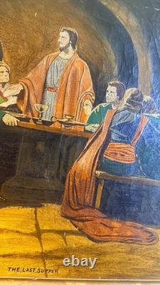 1932 Signed Pulaski Last Supper Oil Painting Vintage Religious Folk Art Carved