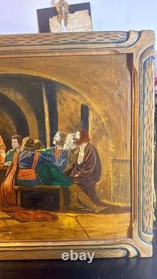 1932 Signed Pulaski Last Supper Oil Painting Vintage Religious Folk Art Carved