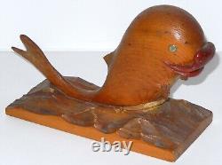 1936 Folk Art Carved Wood Whale-Dolphin w Lips by Howard Smith Early Americana