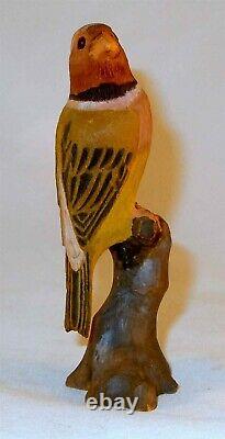 1947 Hand Carved and Painted Signed Wooden Bird Figure on Tree Stump Kyoto Japan