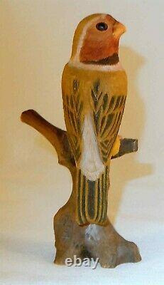 1947 Hand Carved and Painted Signed Wooden Bird Figure on Tree Stump Kyoto Japan