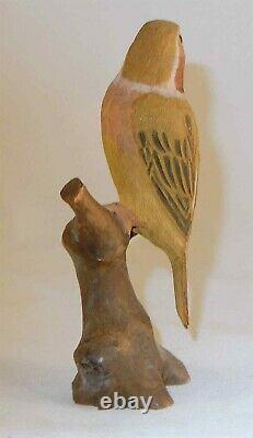 1947 Hand Carved and Painted Signed Wooden Bird Figure on Tree Stump Kyoto Japan