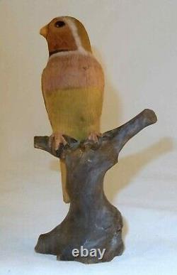 1947 Hand Carved and Painted Signed Wooden Bird Figure on Tree Stump Kyoto Japan