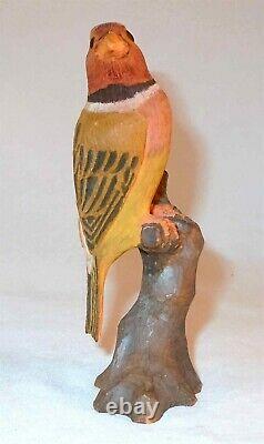 1947 Hand Carved and Painted Signed Wooden Bird Figure on Tree Stump Kyoto Japan