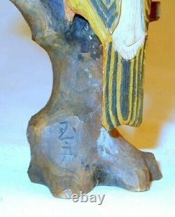 1947 Hand Carved and Painted Signed Wooden Bird Figure on Tree Stump Kyoto Japan