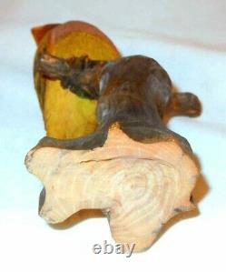 1947 Hand Carved and Painted Signed Wooden Bird Figure on Tree Stump Kyoto Japan