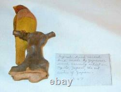 1947 Hand Carved and Painted Signed Wooden Bird Figure on Tree Stump Kyoto Japan