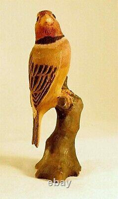 1947 Hand Carved and Painted Signed Wooden Bird Figure on Tree Stump Kyoto Japan